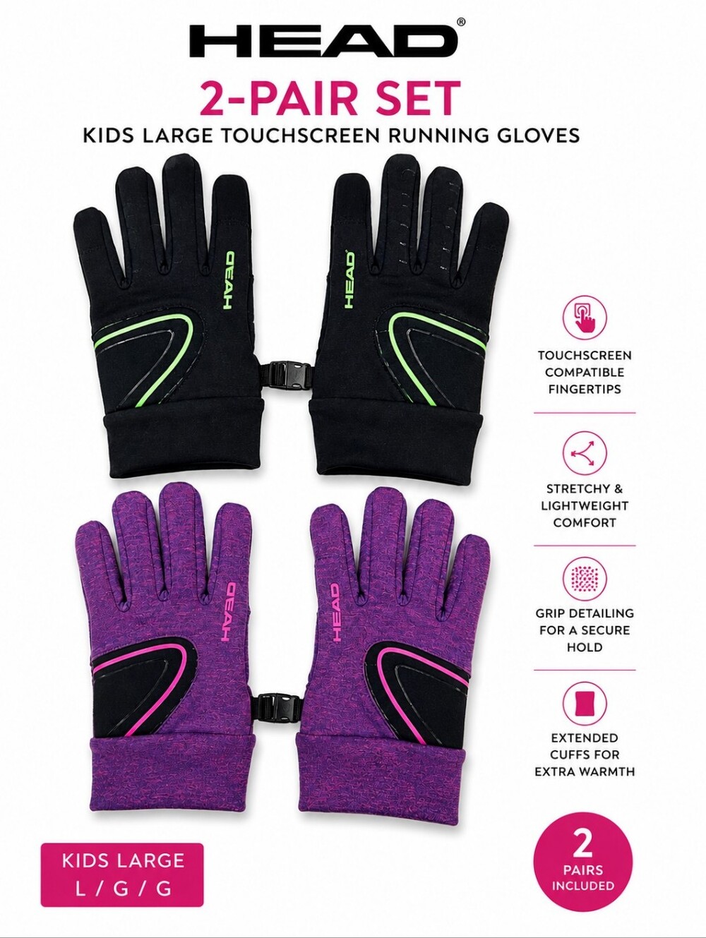 HEAD Kids Large 2-Pair Touchscreen Running Gloves Black Purple Athletic Winter